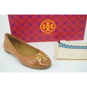 TORY BURCH Everly Cap Toe Ballerina Flats Gold Logo Ballet Tan Leather Size 5